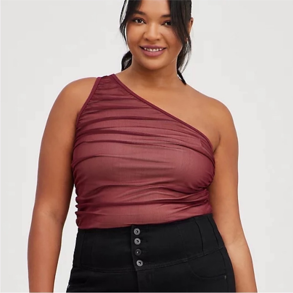 NWT Torrid Zinfandel One Shoulder Mesh Foxy Rouched Top Size L/12‎